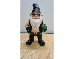 Kabouter beeld - Biker - Bikerlook - Rocker - met fles - 32cm hoog