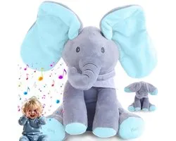 Klikkopers® - Interactieve Knuffel - Zingende Knuffel - Kiekeboe Olifant - Zingende Olifant - Kiekeboe Knuffel - Peekaboo Elephant - Blauw