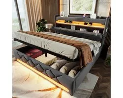 Lit double rembourré 180x200 avec ports USB et Type C - éclairage LED- lit avec coffre hydraulique - gris - sans matelas