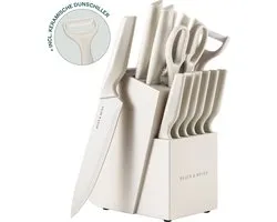 BAUER & MEYER® Messenset met blok - Messenblok - Keukenmessen - 15-delig - Incl. dunschiller, keukenschaar en messenslijper - Oatmeal