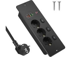 Prise de courant - Prise encastrée - Multiprise de bureau - Prise à trois broches - Avec 4 ports USB-C - Prise commutable individuellement - Convient pour la cuisine, la maison et le bureau - Câble de 2 mètres - Noir