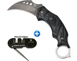 TECQX Inklapbare Mini Karambit - Zakmes - Survival mes - Counter Strike - Grim Reaper - Inclusief messenslijper - Kamperen - Scouting mes - Black Skull