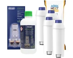 Agua Next, 4x waterfilter voor koffiemachines, filterpatroon compatibel met Delonghi, vervanging SER3017 DLS C002+ 1x ontkalker, DeLonghi EcoDacalk 500ml, origineel, kit voor espressomachine