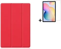 Hoesje Geschikt voor Samsung Galaxy Tab S6 Lite - 10.4 inch - Screenprotector Samsung Galaxy Tab S6 Lite - Samsung Tab S6 Lite Tri fold book case hoes Rood + Tempered Glass