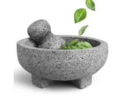 Flexzion Granite Mortar and Pestle Set - Solid Granite Stone Mill Bowl Holder 6 Inch Molcajete for Guacamole, Herbs, Spices, Garlic, Kitchen, Cooking, Medicine