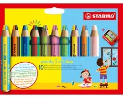 STABILO woody 3 in 1 duo - Multi Talent Kleurpotloden - Etui Met 10 Kleuren & Puntenslijper
