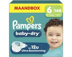 Pampers Baby-Dry Taille 6 - 148 Couches - 13kg-18kg - Pack 1 Mois