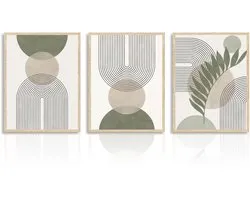 Boho Abstracte Wanddecoratie Poster - Minimalistisch - Set van 3 - Saliegroen en Beige