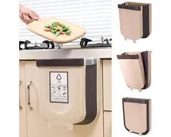 Hanging Trash Can Folded for Kitchen - Collapsible Can Used in Office Kitchen Bathroom - Connects to Cabinet Door Car Seat Back (Brown)