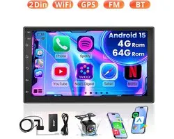 ESSGOO DAB+ Autoradio 2Din Universeel - Android 15 - Apple Carplay & Android Auto (Draadloos) - 7 Inch HD Touchscreen - 4+64GB - GPS Navigatiesysteem - USB, WiFi, Bluetooth - 12 LEDs Achteruitrijcamera
