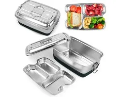 Boîte à lunch en acier inoxydable, 2000 ml, boîte à lunch en métal double avec 3 compartiments, boîte à lunch étanche avec joint d'étanchéité pour aliments, sandwich, salade, fruit, bento box portable pour enfants et