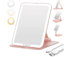SnelShoppen - Auxmir Cosmeticaspiegel met Verlichting, USB-oplaadbare Make-upspiegel, Opvouwbare Reisspiegel met 3 Lichtkleuren, Roségoud voor Thuis e