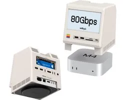 SnelShoppen - Retro Dock Station voor Mac mini M4 Pro - 80Gbps M.2 NVMe SSD Behuizing met Koelventilator, 5" HD Scherm, SD/Micro SD Lezer 4.0, 8K@60Hz