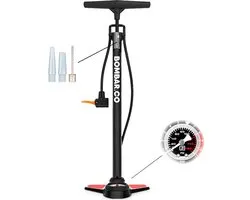 Pompe à vélo en aluminium noir avec manomètre et valves Extra - Embout buccal multifonctionnel pour valves Presta et Schrader - Poignée ergonomique - Tuyau d'air flexible - Pompe à pied - Pompe à vélo / Pompe à bille / Pompe de scooter / Pompe à pneu
