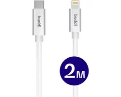 Buddi Flex | USB-C naar Lightning Kabel 20W Fast Charge | Power Delivery | 480Mbps Dataoverdracht | Gevlochten Nylon | 2M | 2 Meter | Wit