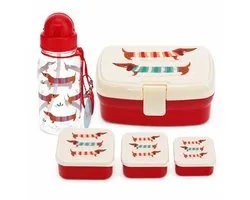 Teckel - set teckel brooddoos met teckel snackdoosje en teckel drinkfles - hond - 3 snackdoosjes - lunchbox - doosje - brooddoos - rood - teckelprint - drinkfles