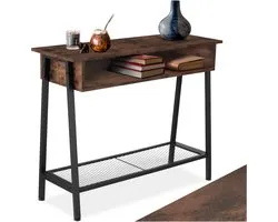 tectake® Consoletafel met opbergvak - Sidetable - Houten dressoir met roosterplank - Industrieel design - Zwart metalen frame in trapeziumvorm - Afmeting (LxBxH) 100 x 35 x 80,5 cm - Donkerbruin