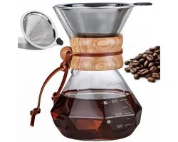 Pour Over Koffiepot met Permanent RVS koffiefilter - Slow Coffee Maker Kit - Glazen Cafetière - Koffekan Drip Gieter - Dripper Koffiemaker - Handmatig Filterkoffie koffiezetapparaat met Herbruikbaar Koffie Filter - Koffiefilterhouder set - 400 ML