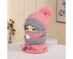 Bonnet Knaak 3-1 - Echarpe - Mondkap - Laine - Chaud - Taille Unique - Rose / Grijs