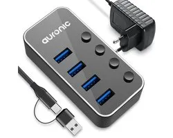 Auronic USB C Hub - USB Splitter met Voeding - 4 Poorten - USB 3.0 - Docking Station - USB C naar USB A - 5 Gbps - Zwart
