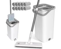 Masthome Mop Set with Bucket, Floor Mop Set with 10 Microfibre Pads and Long Stainless Steel Handle, Mop with Wring Function for All Floors