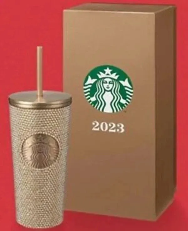 Starbucks 2023 New Taiwan Gold SS Rhinestone TOGO Cold Cup Tumbler Gift Box 16oz