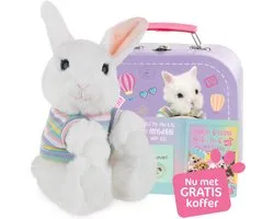 Studio Pets BunBun knuffel 16 cm set met GRATIS koffertje – konijn knuffel met top, paspoort, stickerboek en roze kartonnen koffertje