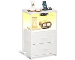 Coleshome Bedside Table with Charging Function and LED, White Bedside Table with USB Ports and Sockets, 2 Fabric Drawers, Suitable For Bedroom, White, 1 Pack