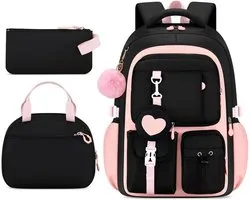 School Backpack Set - Rugzak Kinderen - School en Dagelijks - Waterproof Nylon Materiaal - 23 Liter - Roze Zwart
