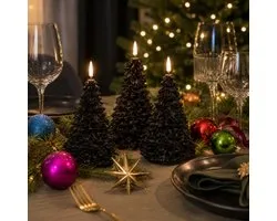 Anna's Collection LED kerstboom kaars - 3x - zwart - 20 cm - kerstkaars - kerstdiner kaarsen