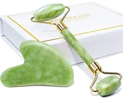 PREMIUM Jade Roller & Gua Sha Set, Gezicht Roller, Anti-Aging Face Roller, Natuurlijk Groene Jade Beauty Massager , Huidverzorgingstool voor gezicht, nek, oog om rimpels te verminderen en lichaamsspieren te ontspannen