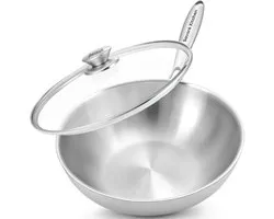 Savoré Kitchen Wok en acier inoxydable 28 cm avec couvercle – Compatible induction – Woks – 3 couches – Distribution professionnelle de la chaleur