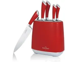 Set de couteaux Swiss Haus® KSL6BU avec bloc – Set de couteaux de cuisine professionnels en acier inoxydable 6 pièces – Comprend un couteau Santoku et un couteau de chef – Lavable au lave-vaisselle – Collection Lac Léman – Rouge