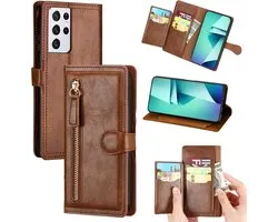 Étui Samsung Galaxy S22 Ultra Book avec fermeture éclair - Rabat - Magnétique - Porte-cartes 5 - Marron foncé