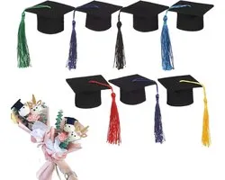 Graduation Hat Decorations | 7x Graduation Cake Decorations with Tassels - Miniature Hat, Photo Props for Classroom Diploma Ceremony School Kindergarten