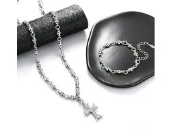 Helin life Ensemble collier et bracelet croix look rétro – Bijoux titane style punk pour hommes et femmes – Design unique pour look superposé