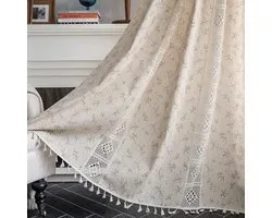 Floraweg Boho gordijn haakjes kanten patchwork semi-blackout bohemian flora print， handgemaakte kwastjes, staaf pocket raambehandeling vintage rustieke boerderij gordijnen voor woonslaapkamer, 59 "W x 63"L(150X160cm),- flora print