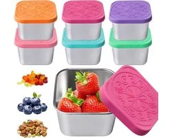 Snackbox voor kinderen 6-stuks 180ml - Lekdichte RVS fruitbakjes met siliconen deksel, geschikt voor school, sauzen en alle levensmiddelen