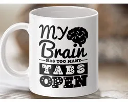 grappige mok, hersenen mok, tabbladen open, cadeau idee, unieke beker, koffie beker, thee beker, geeky cadeau, nerd humor, brein overbelast, werk mok, kantoor humor, student cadeau