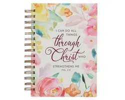 Christian Art Gifts Journal W/Scripture for Women All Things Through Christ Philippians 4:13 Bible Verse Bright Watercolor Floral 192 Ruled Pages, Large Hardcover Notebook, Wire Bound
