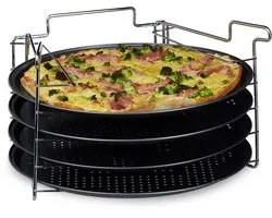 Relaxdays set de plats à pizza , 4 pièces, support, moule à pizza, rond, revêtement antiadhésif
