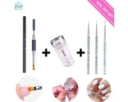 Dubbele Siliconen Gel Stamper + Nagel Penseel Set 3 Stuks Zilver + Polygel Penseel - French Manicure Tip Stempel - Nagelstempel Met Schraper - Nail Art Jelly Stamp - Nagel Stempel Kussen - Nail Art - Nail Pencil - Nagel Pennenset - Polygel