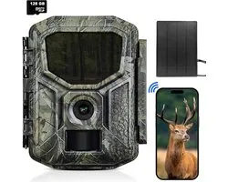 Caméra de chasse Siltcon® avec panneau solaire et recharge - 8K Ultra HD et 64MP - Caméra de chasse avec vision nocturne et WiFi - Bluetooth - Caméra d'extérieur - Caméra de nuit - No-Glow - 128GB SD - Trépied - Batterie 7800 mAh - Modèle 2026