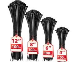 Daity Kabelbinders - 400 stuks per verpakking - zwart - diverse maten (30, 20, 15, 10 cm) - multifunctionele zelfvergrendelende nylon kabelbinders - plastic binders - geschikt voor thuis - kantoor - tuin en werkplaats.
