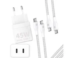 45w Snellader met 2x usb-C Kabel 3 Meter - Super Fast Charger - 45w - Geschikt voor Samsung, MacBook, iPhone 15