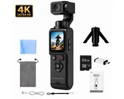 SolutionMarket® Pocket Camera 4K Ultra HD - Caméra d'action avec objectif rotatif à 330° - Caméra pour vlogs - 64 MP - Suivi des visages - Wi-Fi - Écran tactile - Carte SD de 64 Go - Lecteur de carte USB