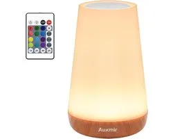 Auxmir Nachtlampje Touch Dimbaar - Draagbare LED Tafellamp met Afstandsbediening, 13 Kleuren, 5 Helderheidsstanden, 4 Lichtstanden, USB Oplaadbaar, Timerfunctie - Lichtbruin Houten Voet