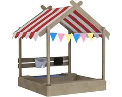 TEKROA® Bac à sable en bois avec toit solaire et jouets - Design cabane - Bois massif - Jouets, évier et tableau noir - 124x116x146 cm