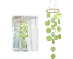 Set van 2 Groene Schelpjes Windgong met Bamboe Ring – Decoratieve Binnenhangdecoratie, Zachte Klanken, Fris Natuurlijk Design
