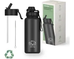 Itstrong Thermosfles met Rietje - Waterfles 1 Liter - Drinkfles met Extra Dop - Isoleerfles - Dubbelwandig RVS - Lekvrij - Zwart